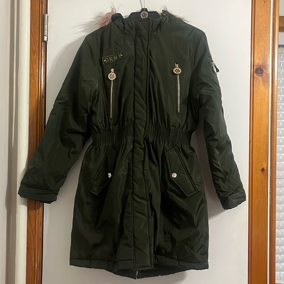 DKNY Other - DKNY Girls Long Puffer Coat size L 14/16 color green with pink Faux-Fur Hood